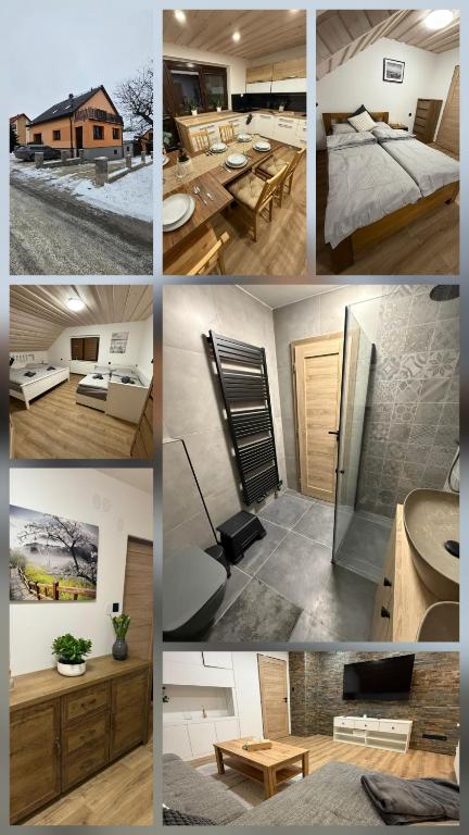 a collage of photos of a bedroom and a room at Apartmany Zvole in Zvole