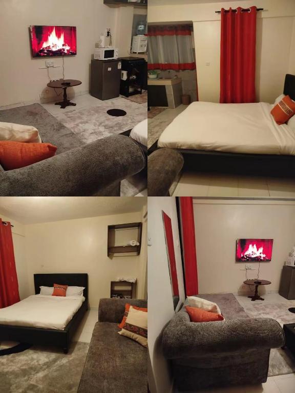 three pictures of a bedroom with a bed and a couch at LaDee Homes - Cozy Studio in Kakamega