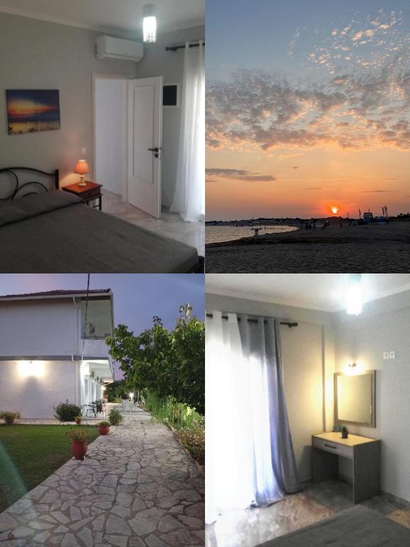 a collage of photos of a bedroom and a sunset at Anestis Studios in Agios Georgios