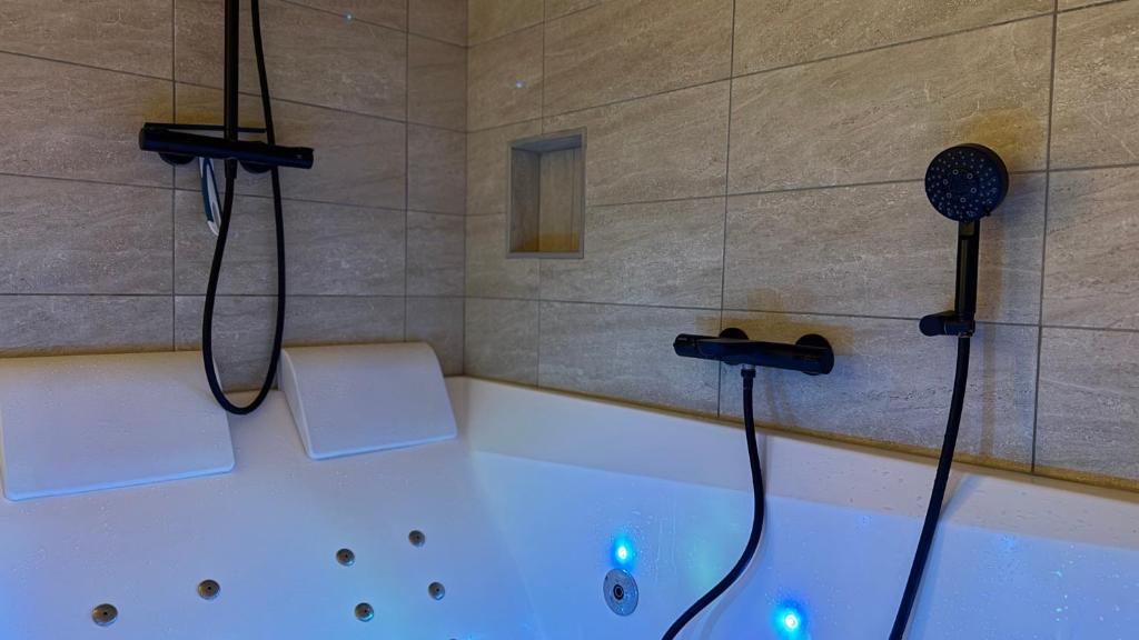 a bathroom with a bath tub with a shower and a shower at COCON Mayennais - Loft Balnéo Laval in Laval