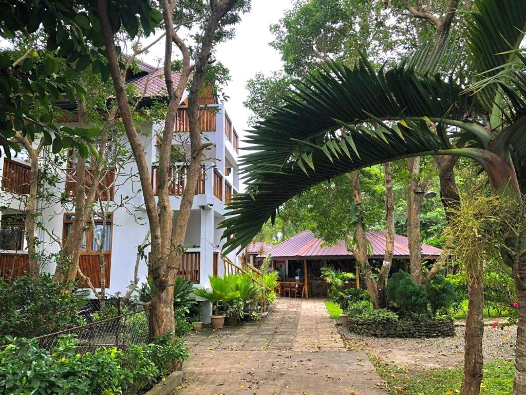 a courtyard of a hotel with trees and a building at Pahiluna Guesthouse in Panglao Island