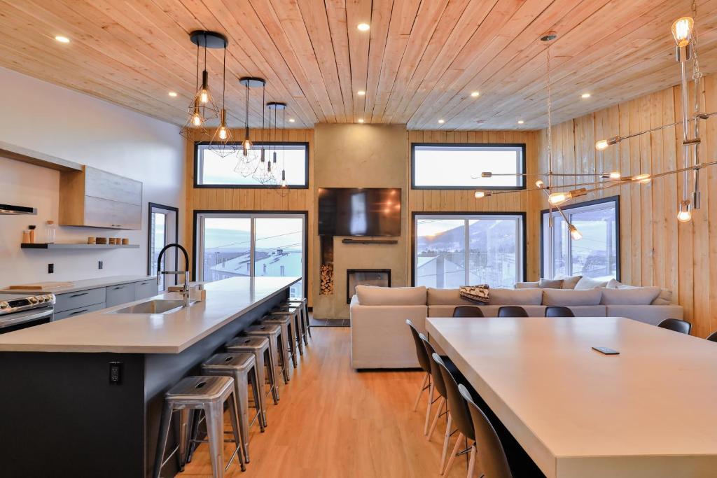a kitchen and living room with a bar and chairs at Aspen - 5 chambres - 18 personnes in Saint-Férréol-les-Neiges
