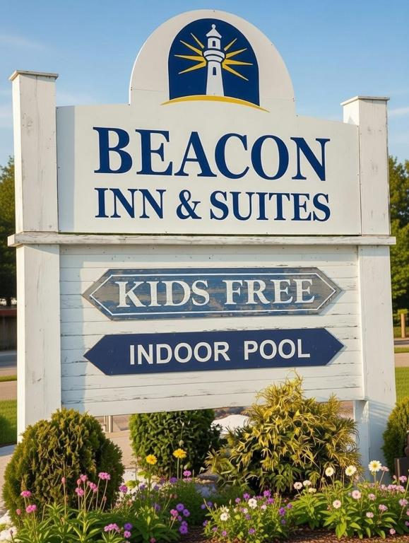 a sign for a beach inn and suites with a lighthouse at Beacon Inn & Suites in Lincoln