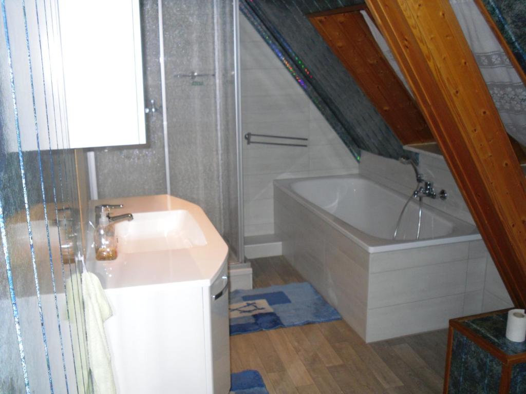 a bathroom with a bath tub and a sink at Ferienwohnung Brockenblick in Halberstadt