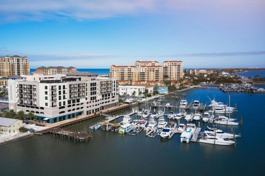 an aerial view of a marina with boats in the water at Courtyard by Marriott Clearwater Beach in Clearwater Beach