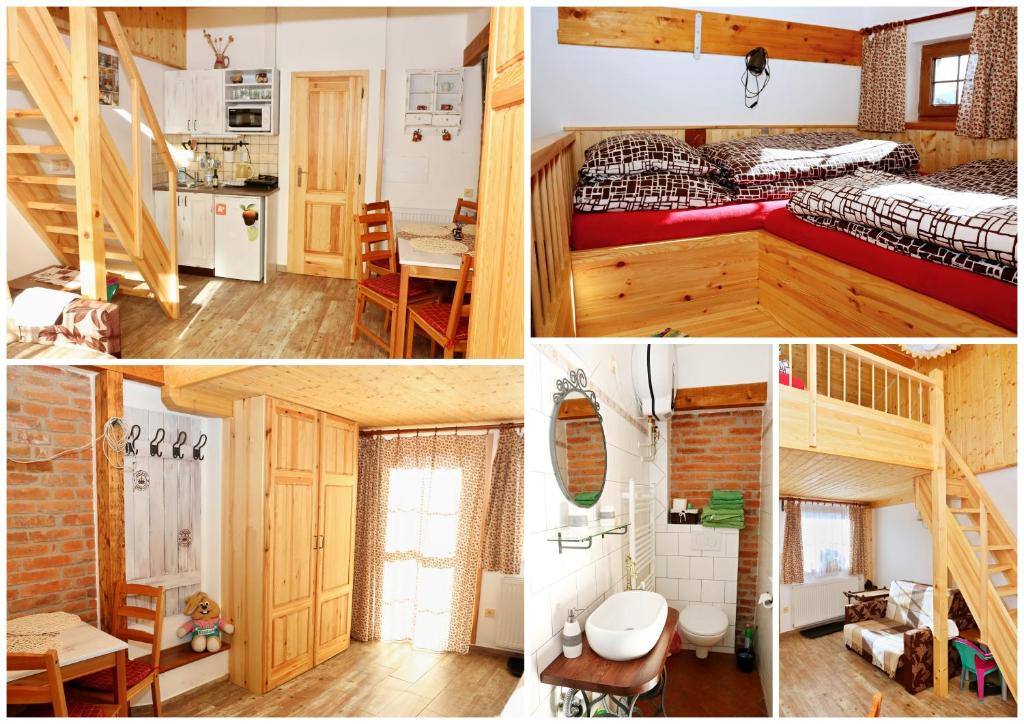 eine Collage mit Bildern eines Schlafzimmers und eines Wohnzimmers in der Unterkunft Apartments Emma in Červená Voda