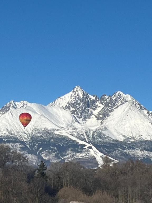 a hot air balloon flying over a snow covered mountain at Top výhľad !-Apartmán 10-Nová Lesná in Nová Lesná