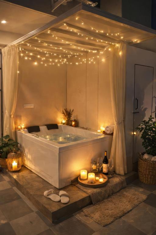 a bathroom with a tub with lights and candles at Chérie Bliss Loft in Jaipur