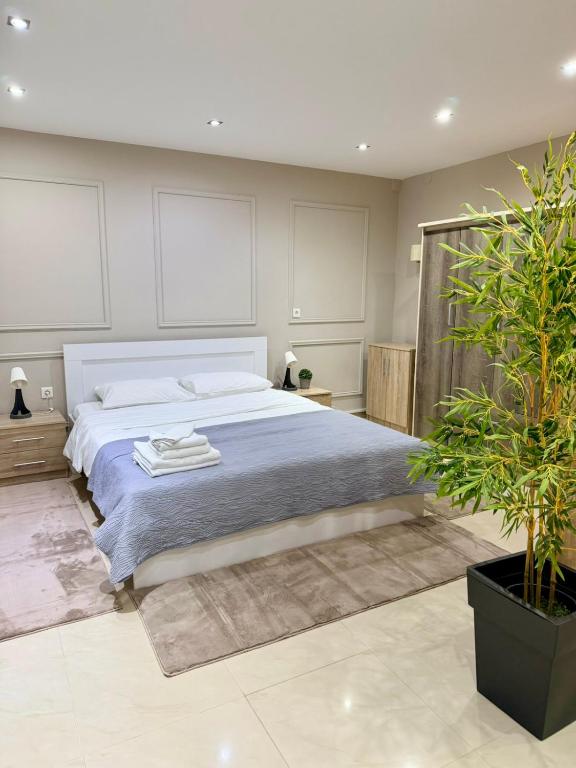 a bedroom with a large bed and a potted plant at Beauty Home Orestiada Center in Orestiada
