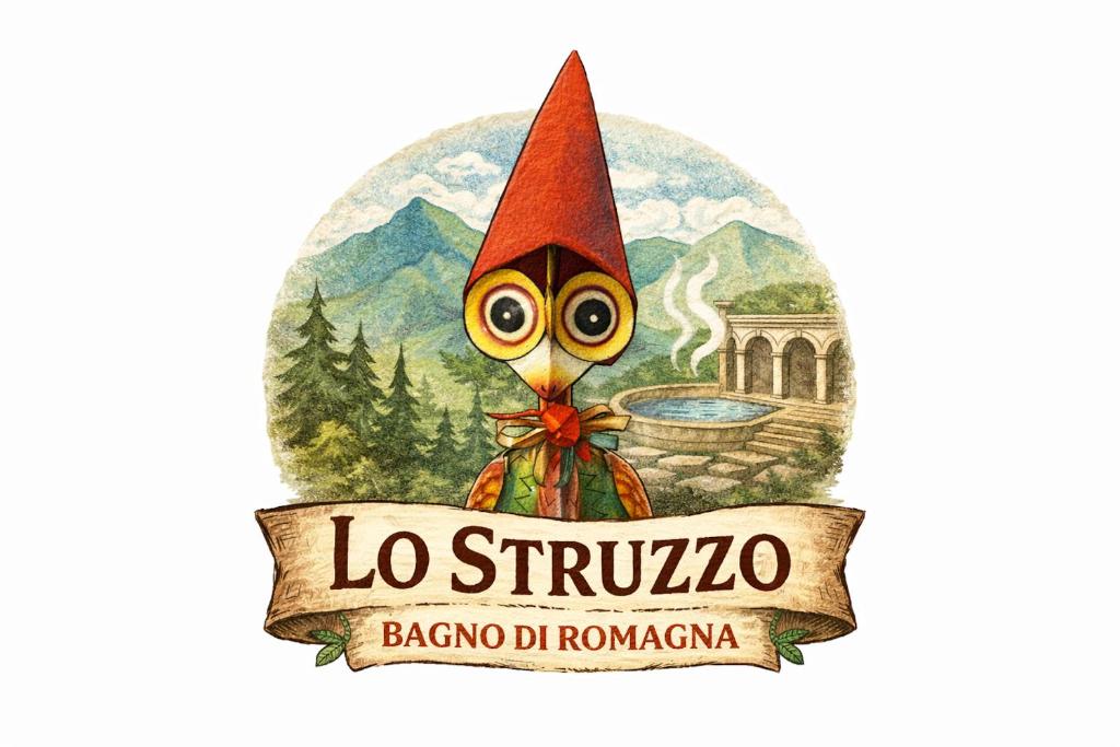 a cartoon illustration of a gnome with a banner at Lo Struzzo in Bagno di Romagna