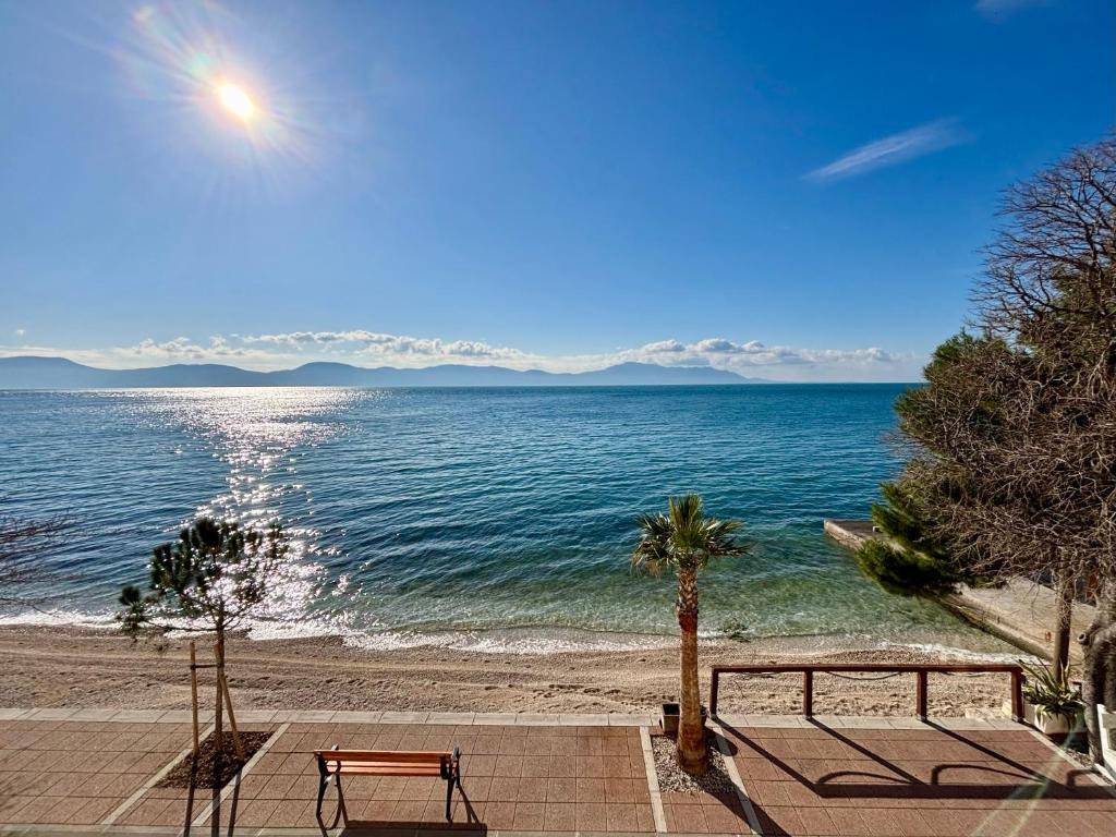 a bench sitting on a beach with the ocean at Beach House Labineca in Gradac