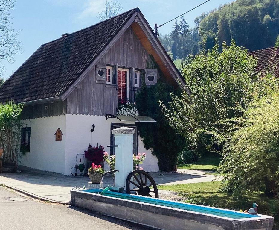 a small house with a waterwheel in front of it at Wallys Hüsli im Schwarzwald in Ühlingen-Birkendorf