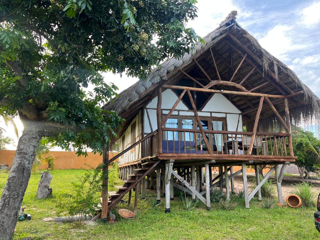 a house with a thatched roof and a tree at Cottage sur la mer in Vilanculos