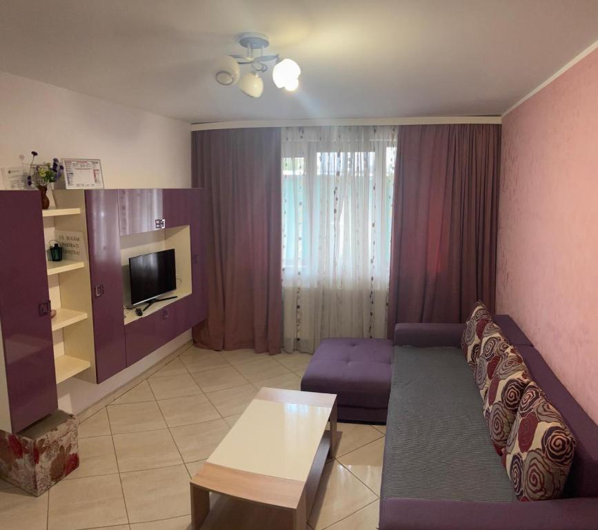 a living room with a couch and a tv at KM 0 one RESIDENCE in Piatra Neamţ