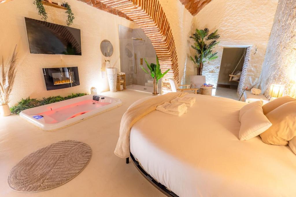 a bedroom with a large bed and a tub at Écrin Secret - Suite troglodyte avec spa in Pia
