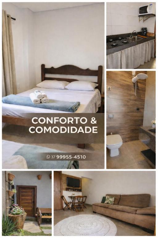 a collage of pictures of a bedroom and a bed at MicroCasa em Capitólio-MG com Ar Condicionado in Capitólio