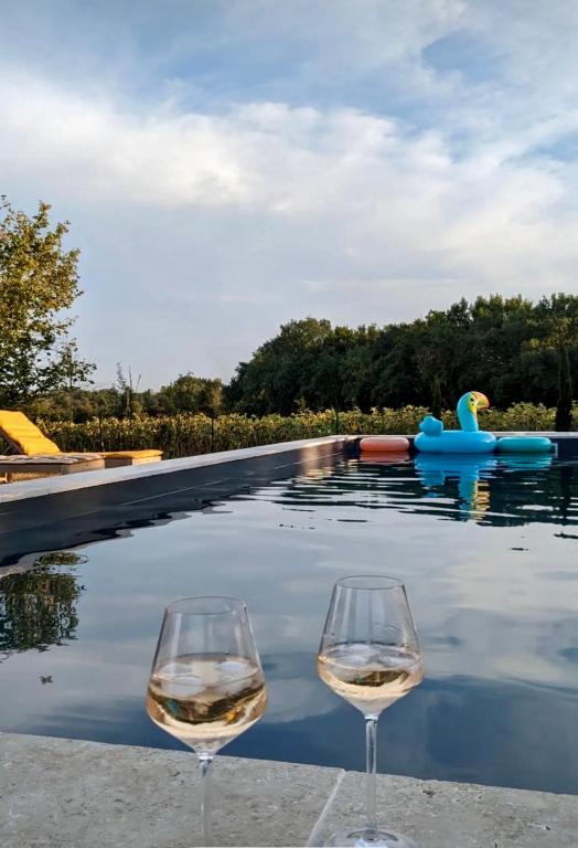 two glasses of wine next to a swimming pool at La Hurre in Montiron