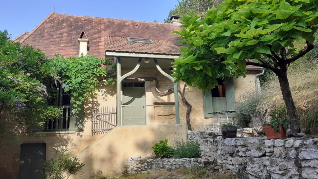 a house with a stone wall and a tree at La Fontaine du Peuch in Plazac