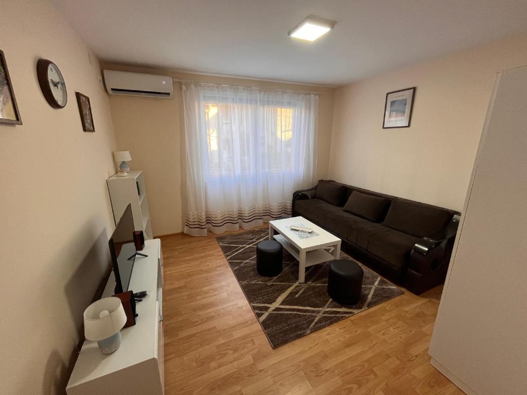 a living room with a black couch and a table at Apartman Tas in Smederevo
