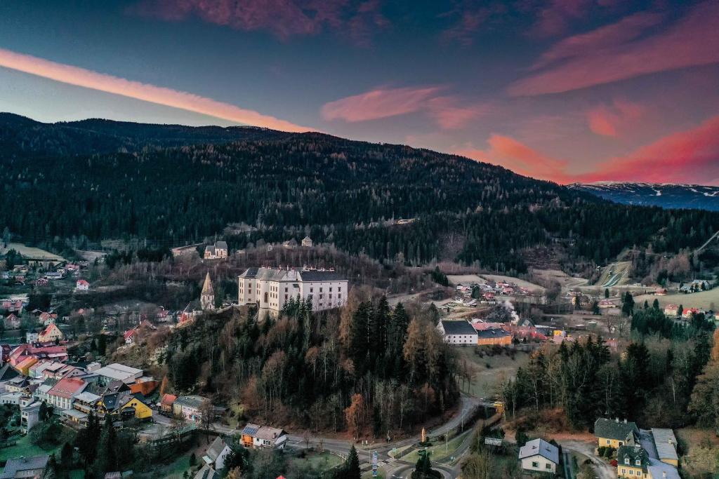 a view of a town with a mountain in the background at Ferienwohnung Roseggersiedlung in Murau