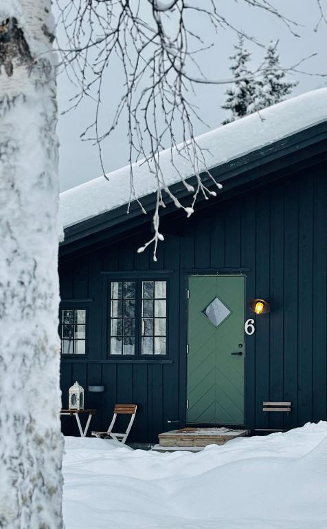 a house with a green door in the snow at Hytte nær Ål in Liagardane