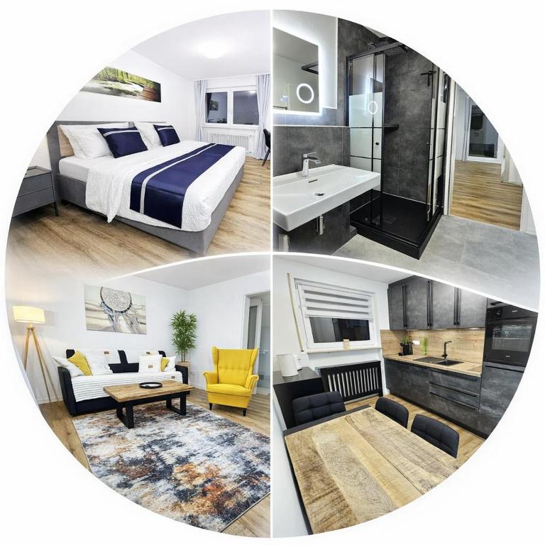 a collage of four pictures of a hotel room at Ioana Homes Ferienwohnung in Abstatt