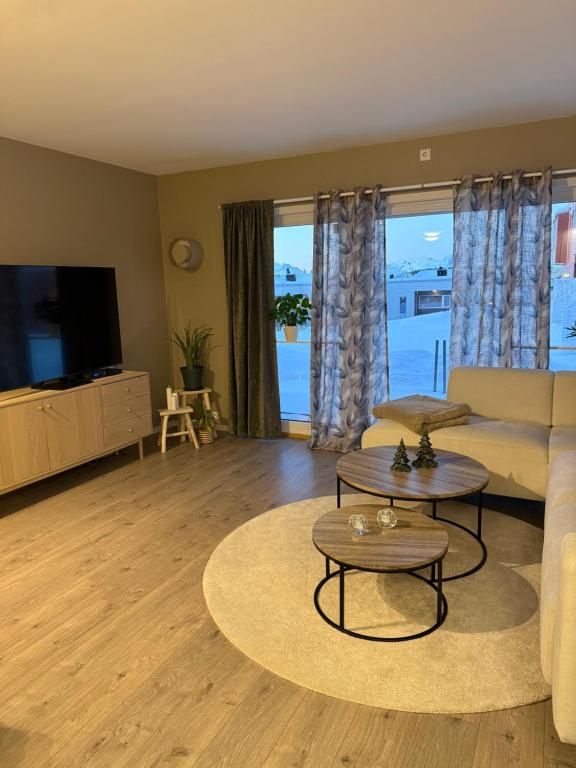 a living room with a couch and a tv at Apartment 3 minutes from cablecar in Tromsø