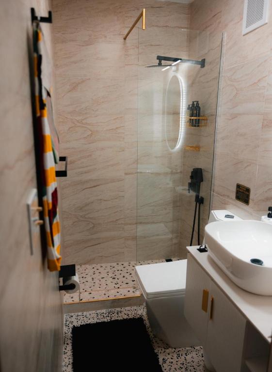 a bathroom with a shower and a toilet and a sink at La Posadita in Carolina