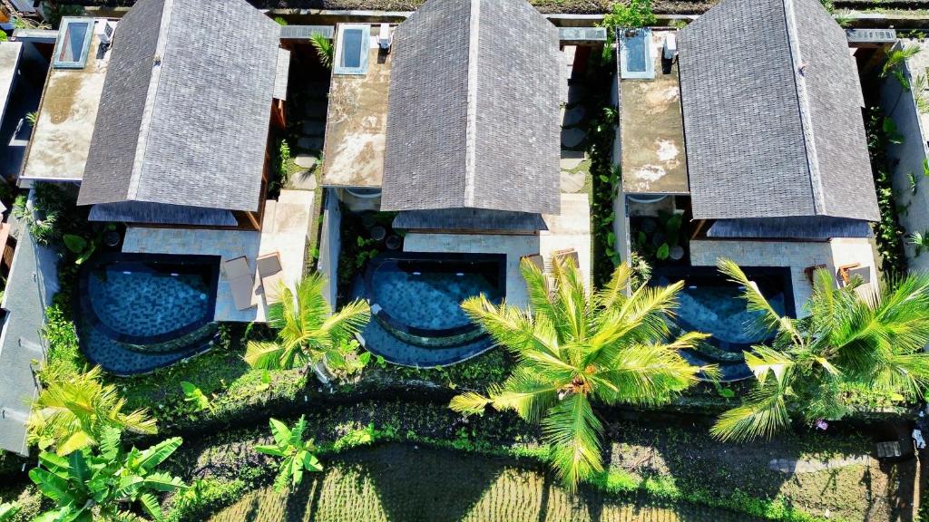 an aerial view of a resort with palm trees at Wanataru Sidemen Villas in Sidemen
