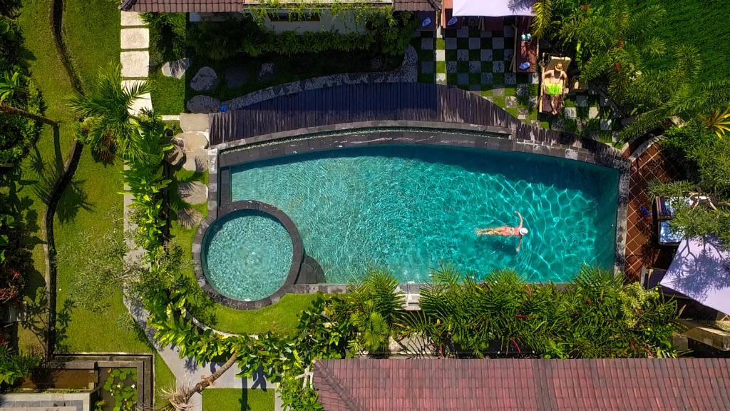 an overhead view of a pool with a person swimming in it at Masia Villa Ubud in Ubud