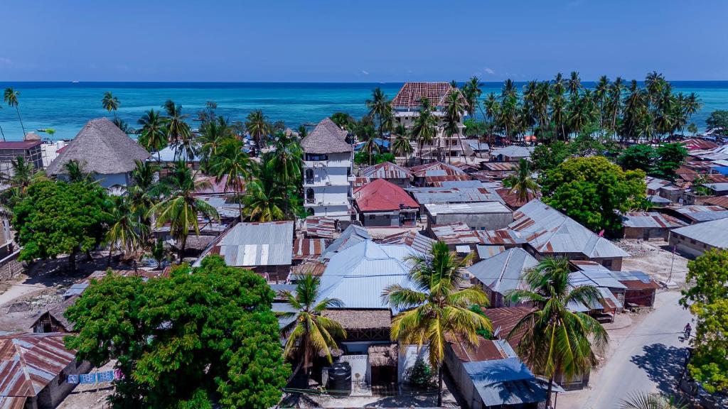 an aerial view of a village with palm trees and the ocean at Palm Tree Villa Nungwi in Nungwi