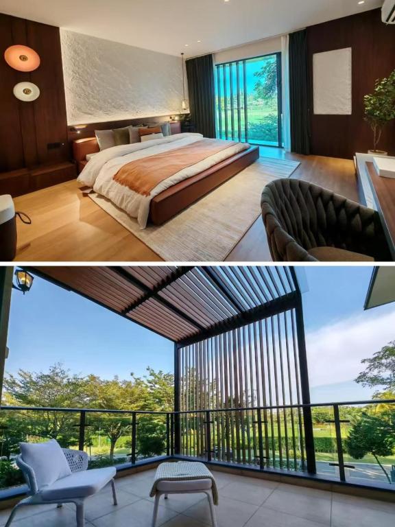 a bedroom with a king sized bed and a balcony at Forest City Eco Stay in Gelang Patah
