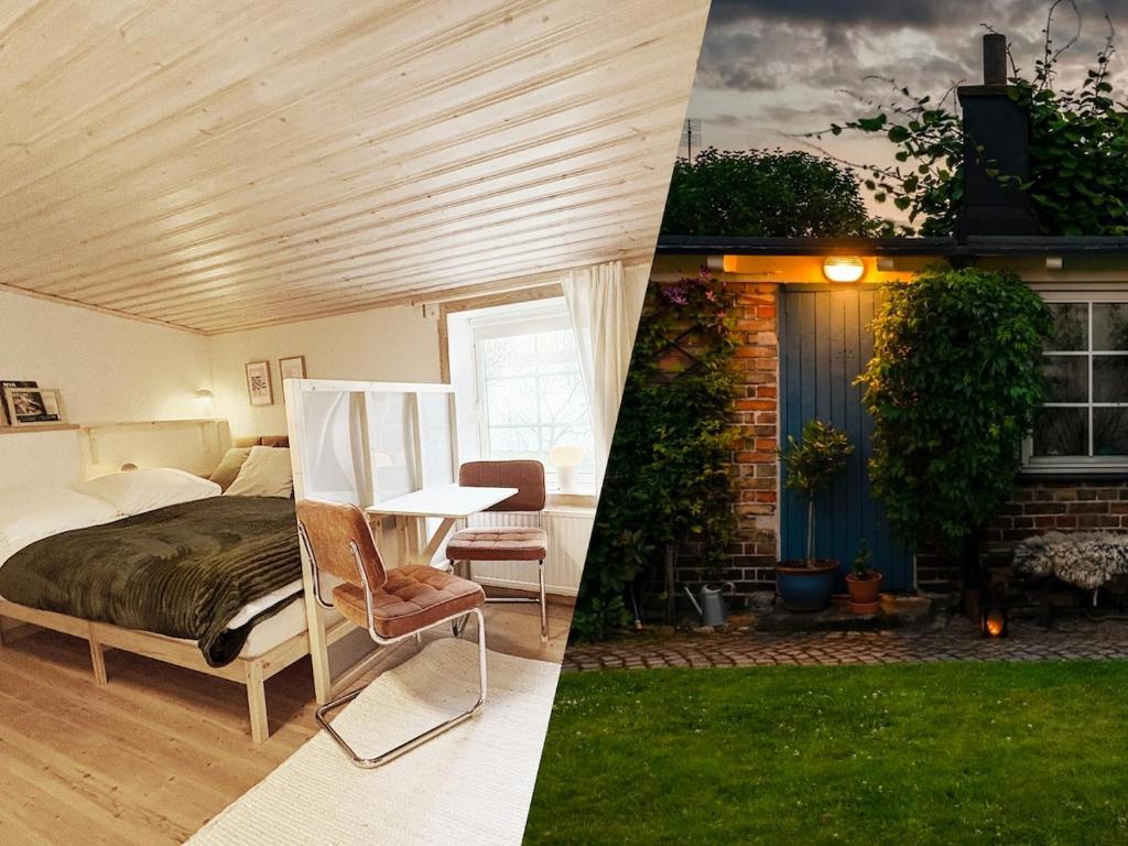 two pictures of a bedroom with a bed and a living room at Rabygatan cottage in Old Limhamn in Malmö