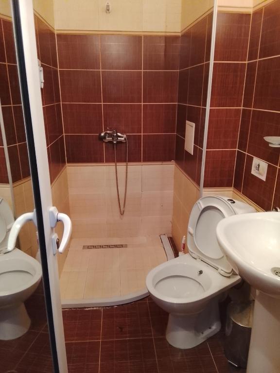 a bathroom with a shower with a toilet and a sink at Кащта за гости АРДА in Kŭrdzhali