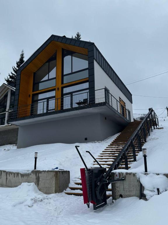 a house with a staircase in the snow at Cottages Grun in Yablunytsya