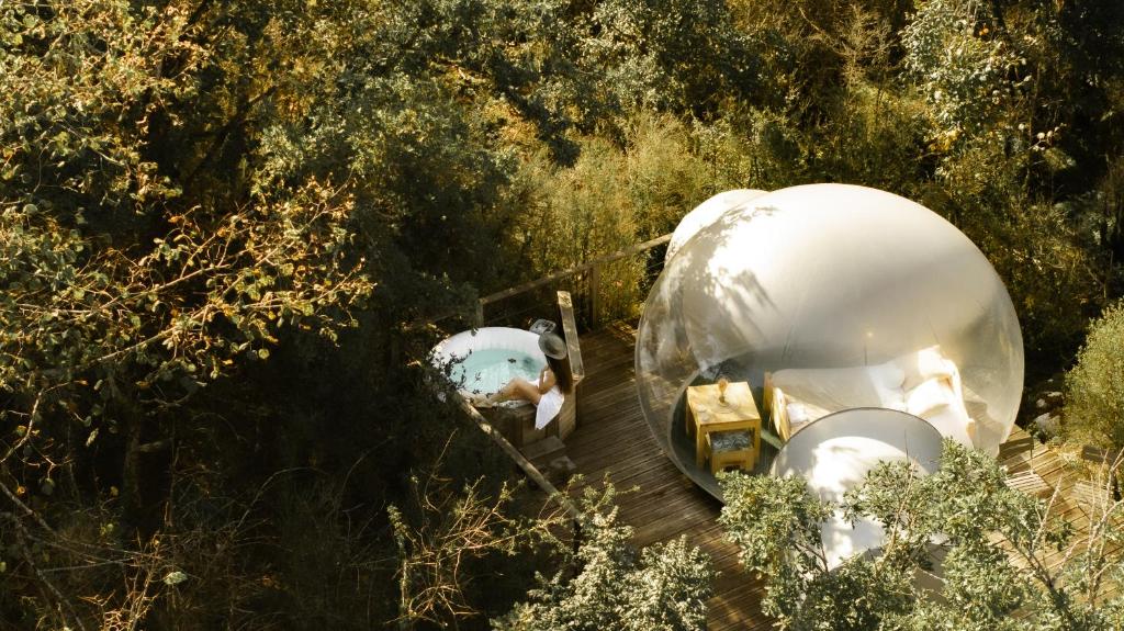 an overhead view of two domes in the woods at Bulle transparente in Champfromier