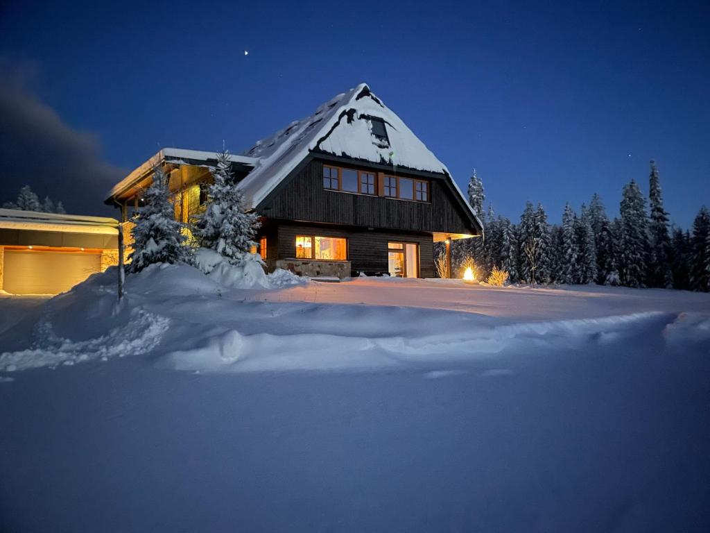 a log cabin in the snow at night at Apartmány Modrava in Modrava
