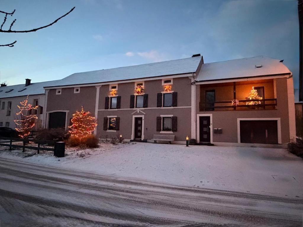 a large house on a street in the snow at Appartement 2 chambres in Messancy