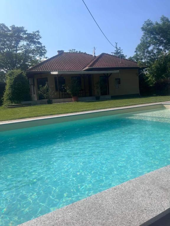 a house with a swimming pool in front of a house at Charlie porta in Abádszalók