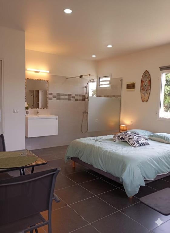 a bedroom with a bed and a table and a bathroom at Studio CARAIBE in Saint-François