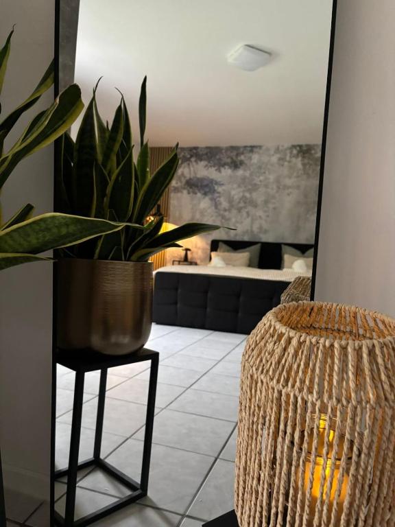 a living room with a potted plant and a chair at Viktoria Apartment in Speicher
