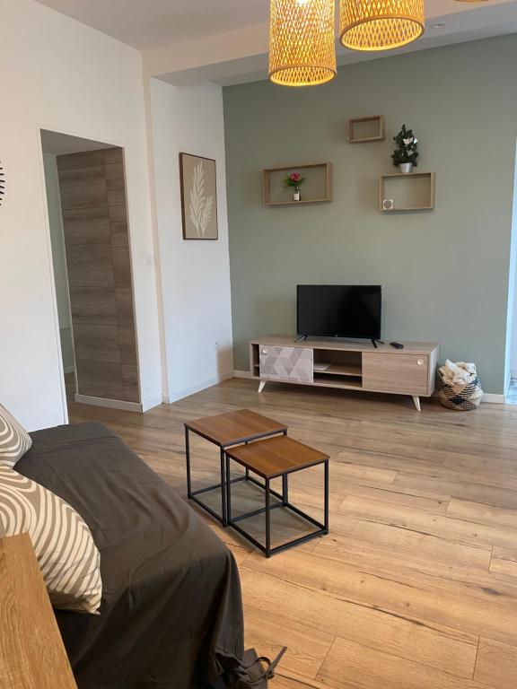 a living room with a television and a table at Appartement Le Pellerin 2ch et 2sdb in Le Pellerin