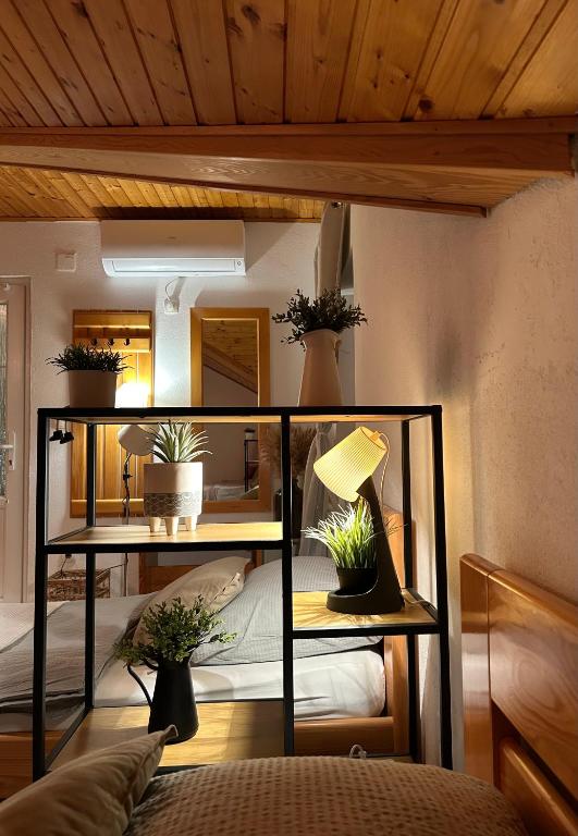 a room with a bed with potted plants on it at Studio Apartment Žafran in Smoljanac