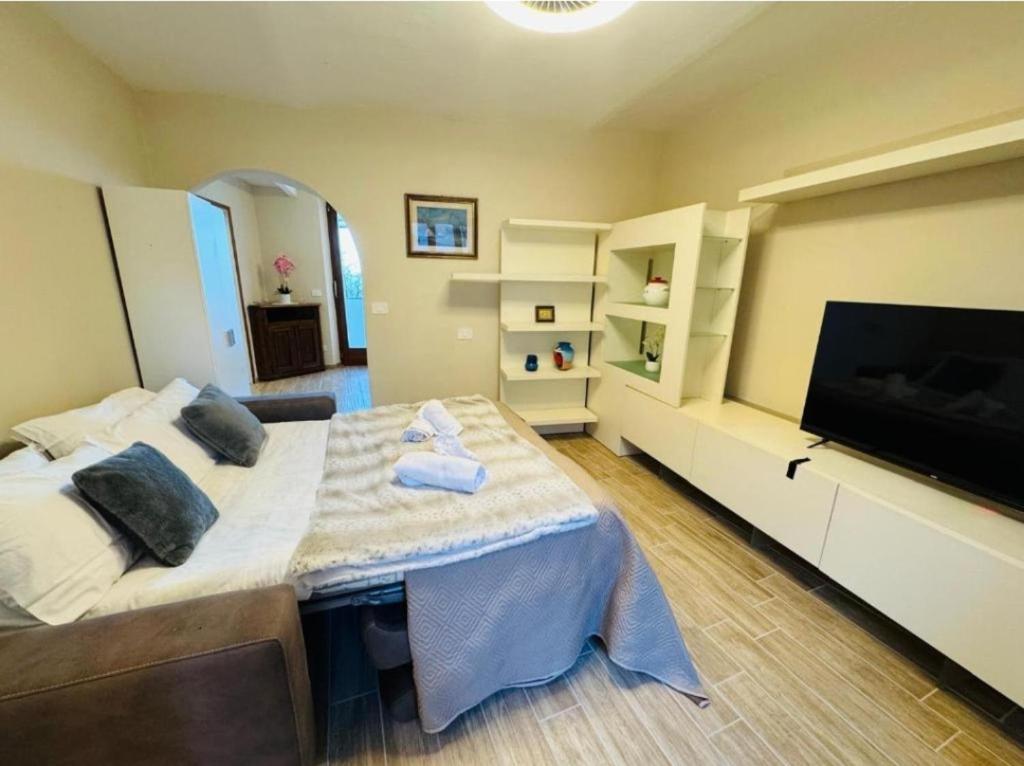 a bedroom with a large bed and a flat screen tv at Bottega del Sogno in Alice Bel Colle