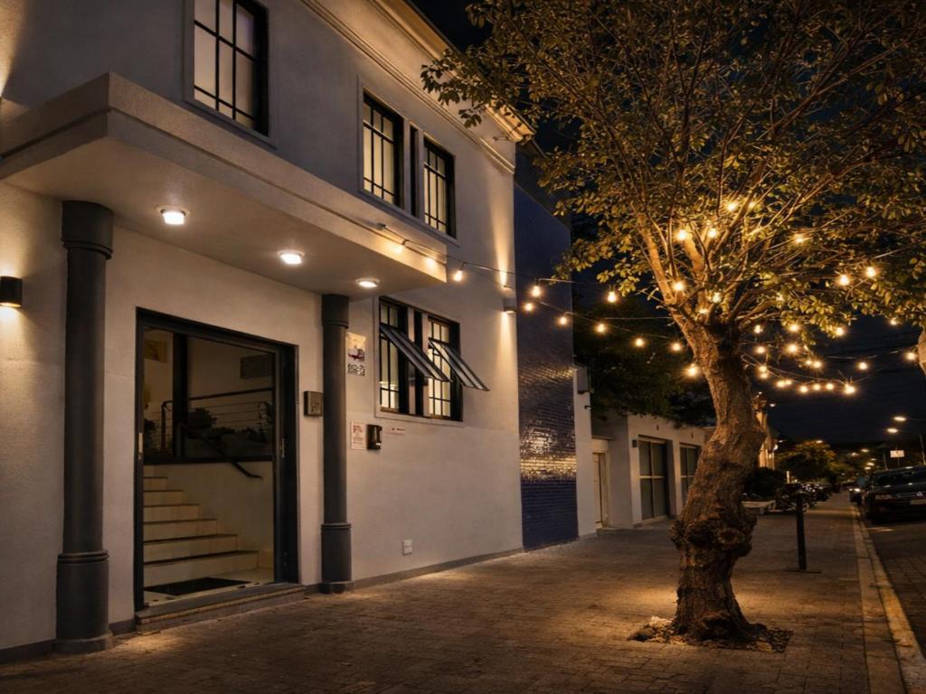 a building with a tree with christmas lights on it at GoHost Suítes - 2 Ruas do Shopping Santa Úrsula in Ribeirão Preto