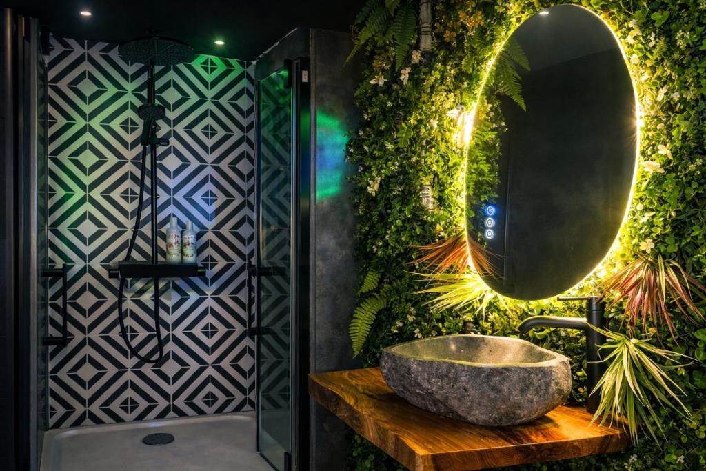 a bathroom with a stone sink and a mirror at Atelier de Lisa in Forbach
