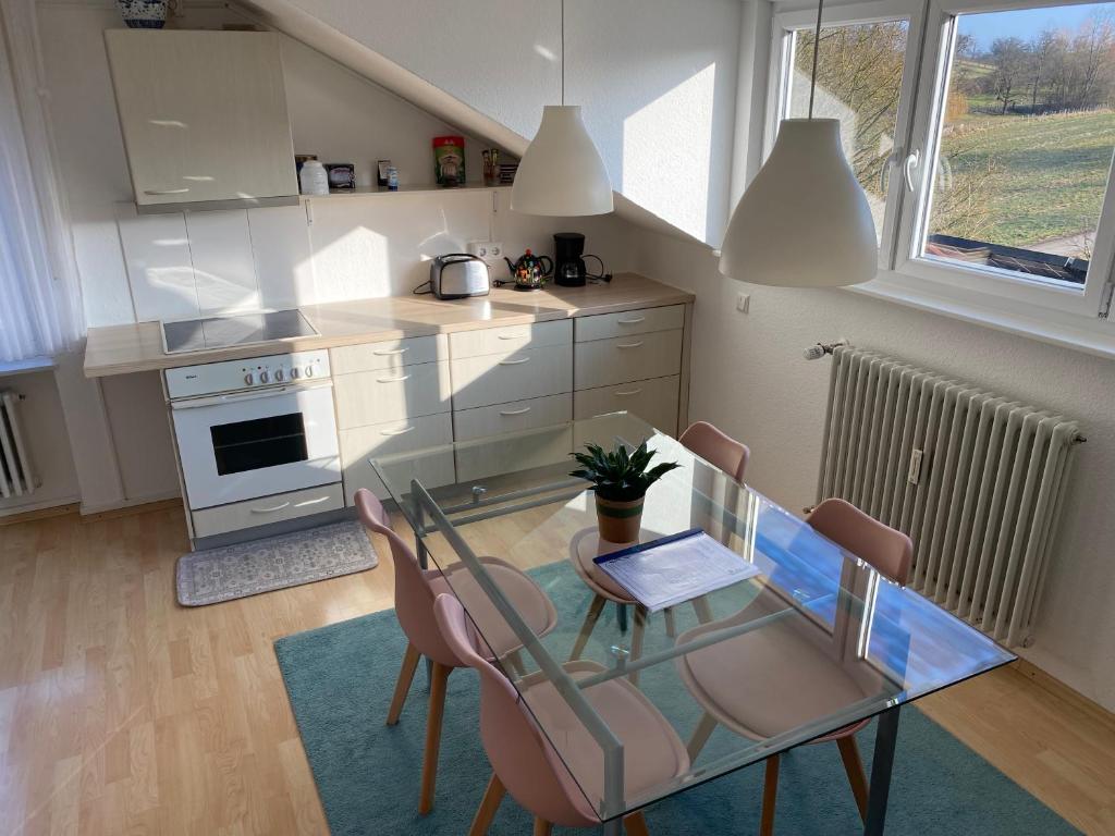 a small kitchen with a glass table and chairs at Oberdorf in Konstanz