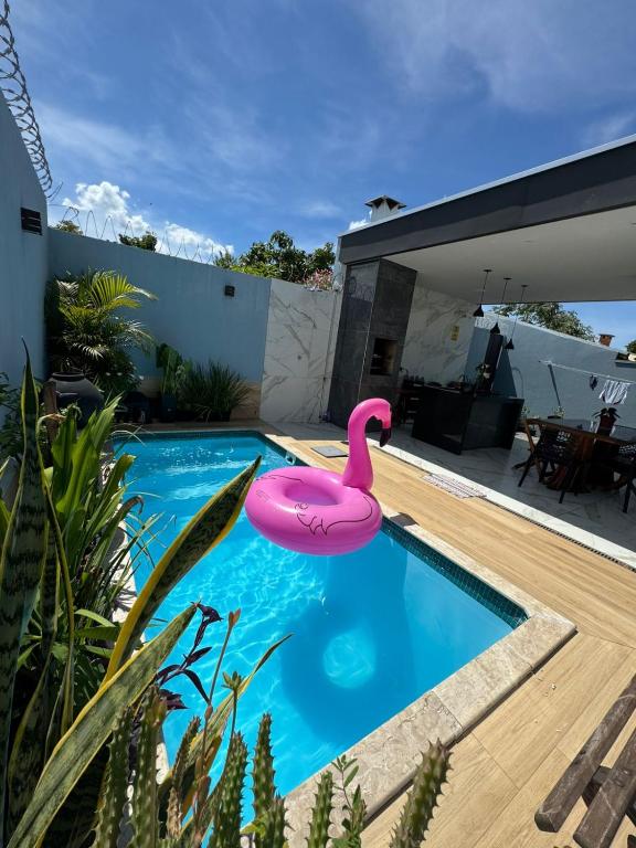 a swimming pool with a pink flamingo in a house at Casa Temporada Aconchego e tranquilidade 3 in Bonito