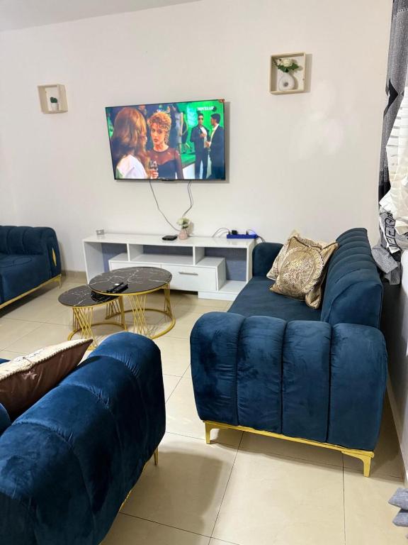 a living room with two blue couches and a tv at Appartement Dan'L Ngousso in Yaoundé