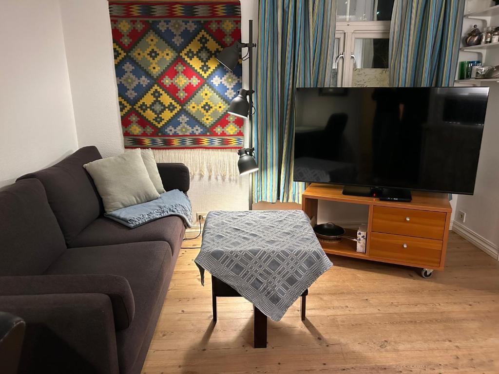a living room with a couch and a flat screen tv at Sentralt og koselig in Kristiansand
